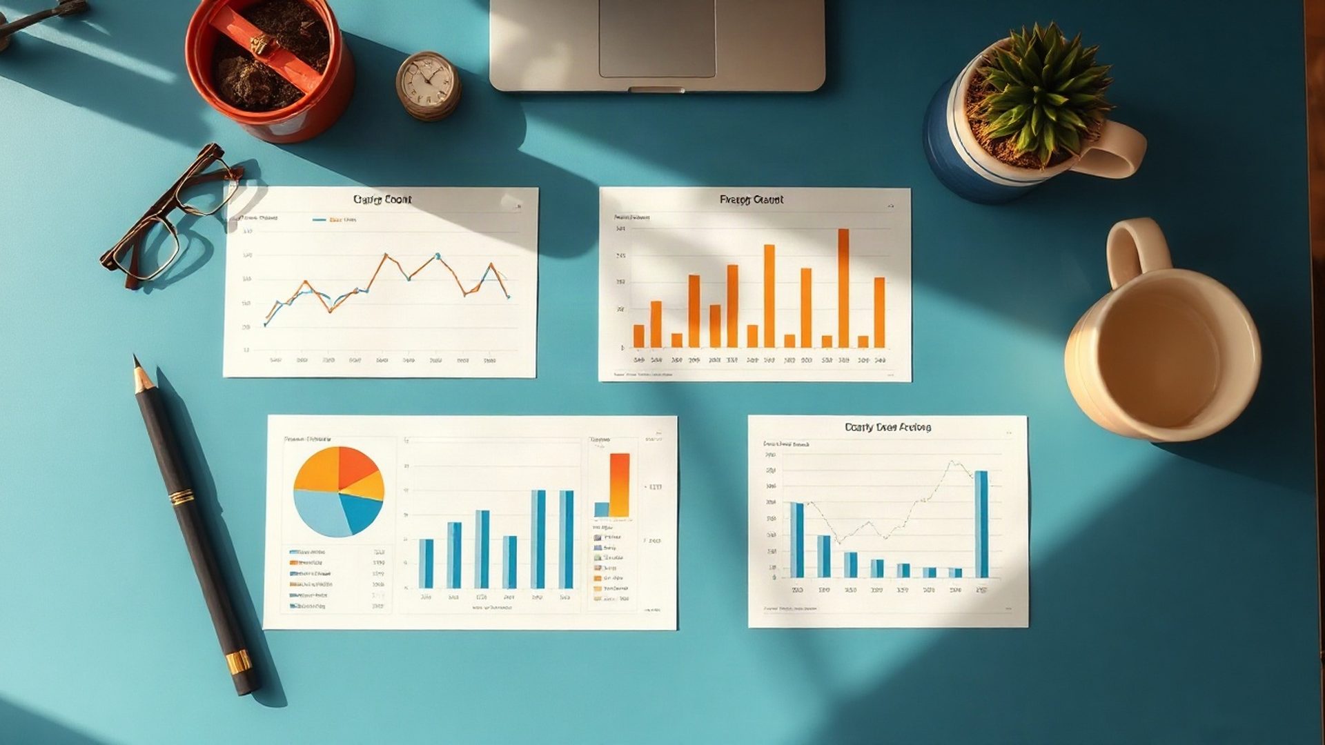 Gráficos financieros y tablas de datos sobre un escritorio azul