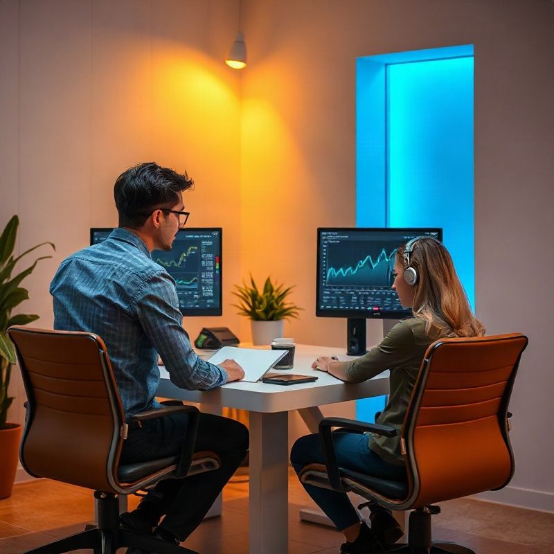 Espacio de trabajo editorial de un equipo analítico revisando datos financieros
